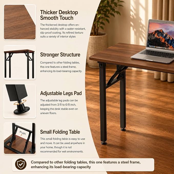 Folding Table Computer Desk - 35.8" No Assembly Folding Desk Design and Foldable Office Desk, Small Desk for Bedroom, Compact Storage Portable Use for Dorm and RV Small Space, Dark Walnut - Image 6