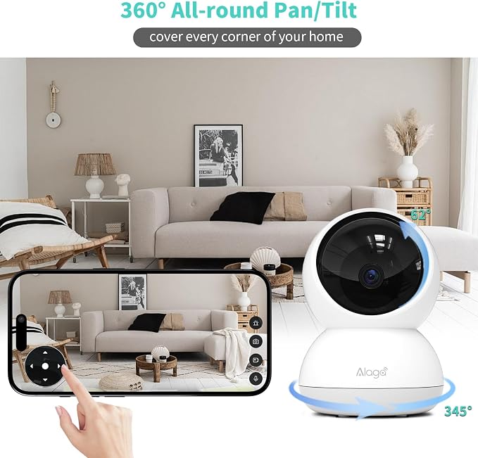 Alaga Indoor Security Camera,3K 5G and 2.4G WiFi, 360° Pan/Tilt, Human/Pet/Motion AI, Night Vision, Speaker, Indoor Camera with Phone App, Compatible with Alexa & Google Assistant，2-Pack White - Image 5