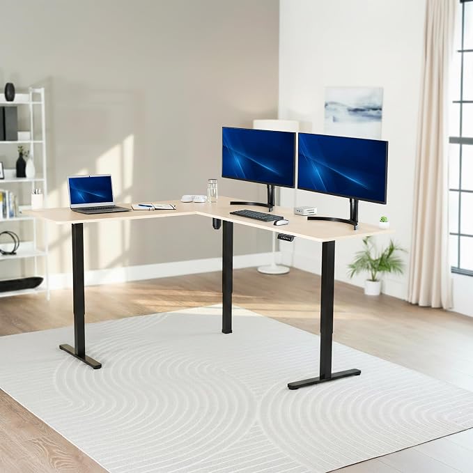 VIVO Light Wood 75 x 63 in Corner Standing Desk, DESK-E3CTBC-75 | Electric, Large Reversible L-Shaped Table, Sit Stand Height Adjustable, Memory Controller, Office Furniture Sets, Black Frame - Image 2