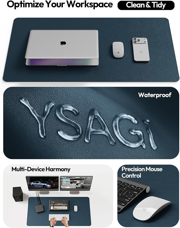 YSAGi Leather Desk Protector, Office Mat, Large Mouse Mat, Non-Slip PU Leather Blotter, Laptop Desk Mat, Waterproof Writing Pad for Office and Home (Dark Blue, 23.6" x 13.8") - Image 8