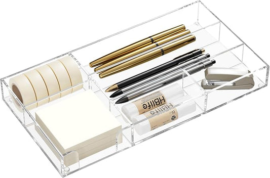 HBlife Acrylic Desk Drawer Organizer Tray with 6 Compartments, Small Clear Office Drawer Organizers and Accessories for Pens, Pencil, Makeup, Desktop, Bathroom and Kitchen, 11.65 x 6.1 x 1.38 Inch by HBlife