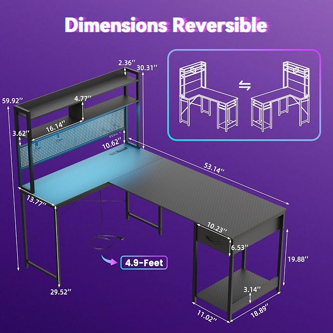 Apicizon L Shaped Gaming Desk 53" with Hutch, LED Light and Drawer | Carbon Fiber Surface, Storage Shelves, Pegboard with Hooks, PC Tower Stand, USB Charging Port, Home Office, Bedroom - Image 3