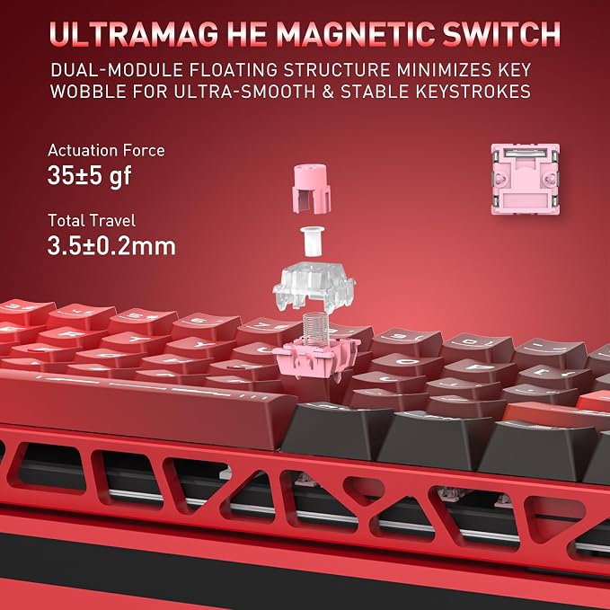 Redragon K753 HE Rapid Trigger Gaming Keyboard, 60% 61 Keys Wired Mechanical Keyboard w/Hype-Red Hollowed-Out Aluminum Base, Next-Gen UltraMag 100% POM Silky Rappid Trigger Magnetic Switch - Image 5