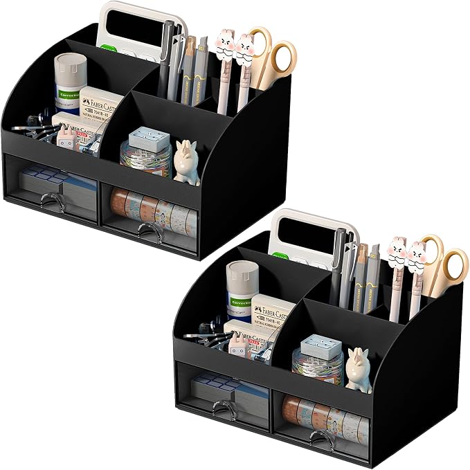 COMFYROOM Desk Organizer with 6 Compartments and 2 Drawers, Plastic Makeup Organizer, Pen Holder for Desktop Storage, Desk Organization for School, Home, Office Supplies Black-2Pack by COMFYROOM