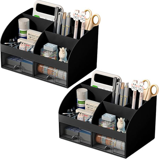 COMFYROOM Desk Organizer with 6 Compartments and 2 Drawers, Plastic Makeup Organizer, Pen Holder for Desktop Storage, Desk Organization for School, Home, Office Supplies Black-2Pack by COMFYROOM
