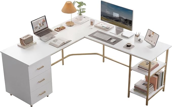 Techni Mobili 59" Two-Tone L‑Shaped Office Desk with Storage Shelves, Gold | 59" two‑tone L‑shaped desk with storage shelves, durable frame, modern corner workstation, spacious home office writing space by TechniMobili