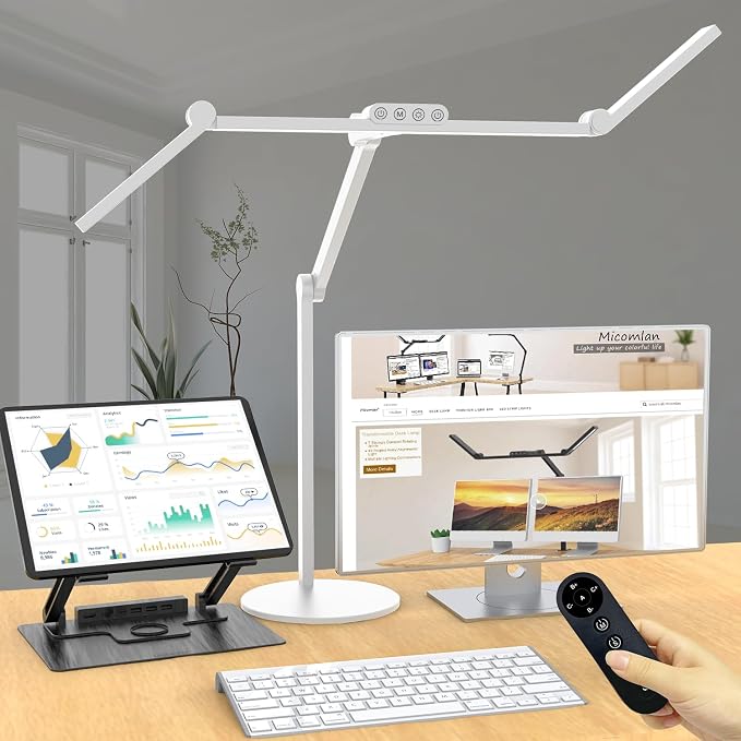 Micomlan Architect Desk Lamp for Home Office, 24W Adjustable Led Desk Light with Remote, 1500LM Bright Dimmable Computer Table Light Rotatable Office Lamp with Base for Cafting Monitor by Micomlan