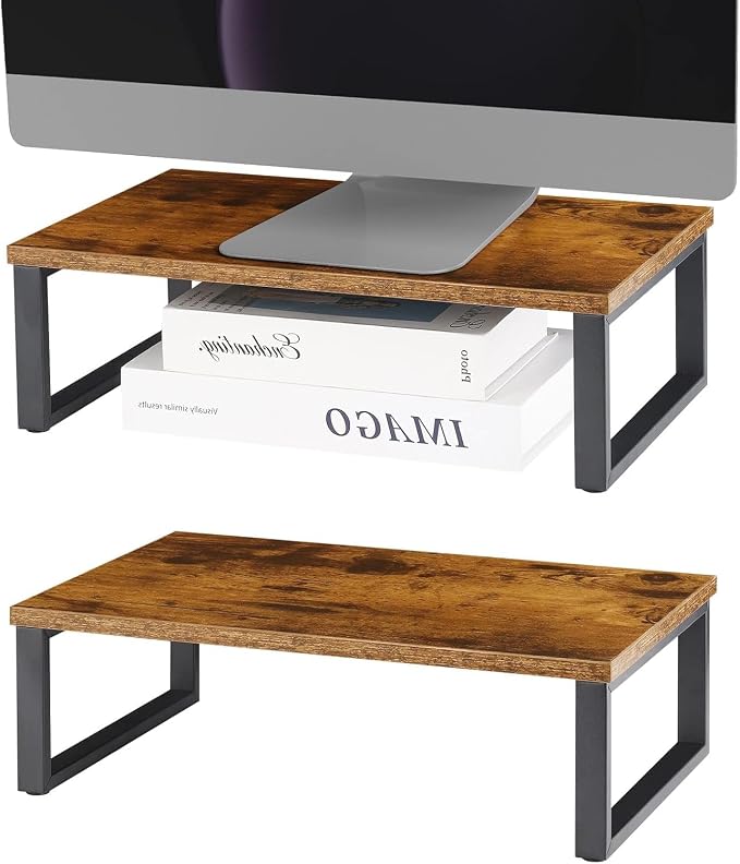 Monitor Stand Riser 2 Pack Laptop Stand Riser Holder Wood Computer Stands Vintage Tabletop Storage Organizer Shelf for Notebook PC Printer Lift Stands TV Risers Wooden Desk Organizers Brown (Brown) by NORCEESAN