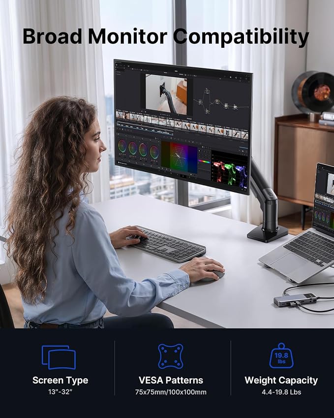 HUANUO FlowLift™ Single Monitor Mount, 13 to 32 Inch Monitor Arm, Adjustable Monitor Stand, Vesa Mount with Clamp and Grommet Base - Fits 4.4 to 19.8lbs LCD Computer Monitors - Image 4
