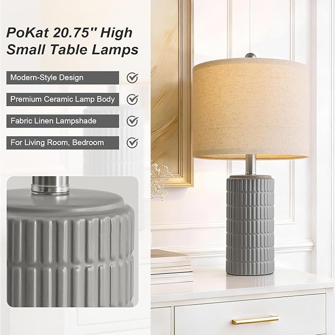 PoKat 20.75'' Ceramic Small Table Lamps for Bedroom, Modern Dark Gray Bedside Lamps Set of 2, Farmhouse Lamps for Living Room with Linen Lampshade for Night Stands Guest Room Side End Table Console - Image 4