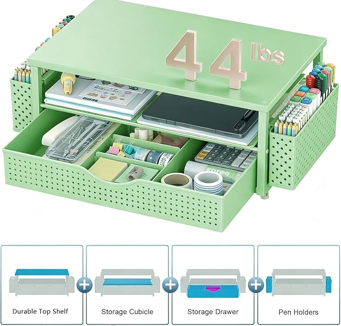 Spacrea Desk Organizer and Accessories, Computer Monitor Stand Riser with Drawer and 2 Pen Holders, Office Desk Accessories & Workspace Organizers for Office Supplies (Sage Green) - Image 4