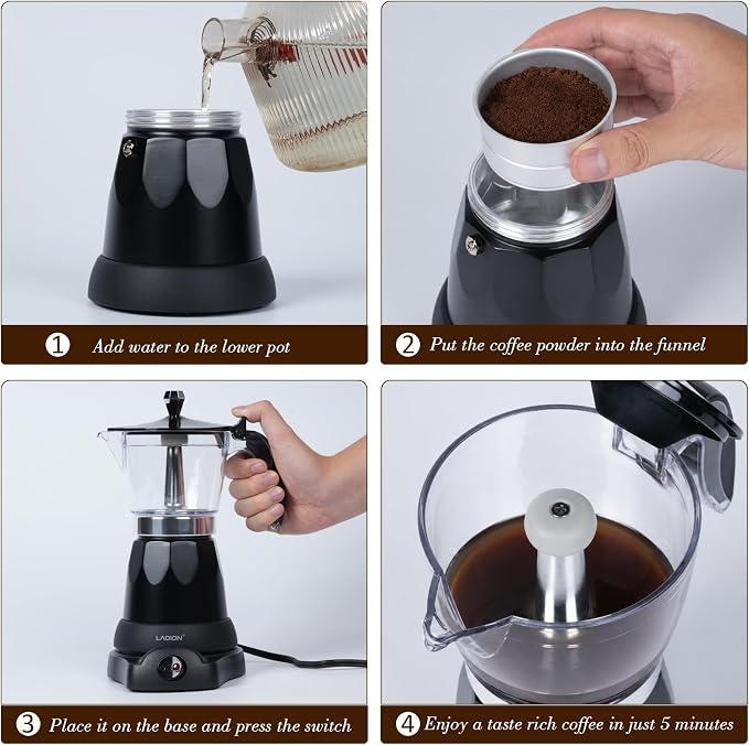 LAOION Cuban Coffee Maker, 6 or 3cup Electric Espresso Coffee Maker | Portable Cafeteras Electricas Modernas, Electric Moka Pot with Detachable Base & Overheat Protection, Coffee Gift - Image 4