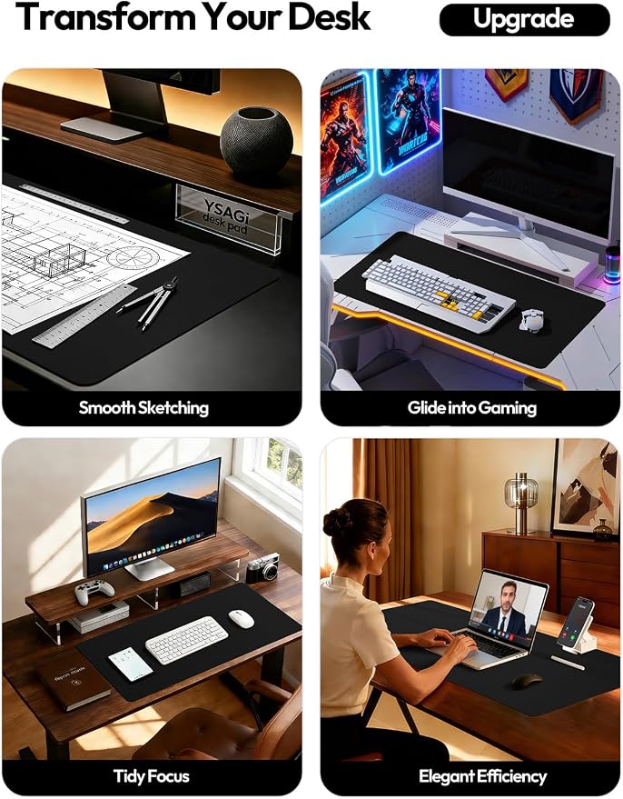 YSAGi Leather Desk Protector, Office Mat, Large Mouse Mat, Non-Slip PU Leather Blotter, Laptop Desk Pad, Waterproof Writing Pad for Office and Home (Black, 47.2" x 23.6") - Image 2