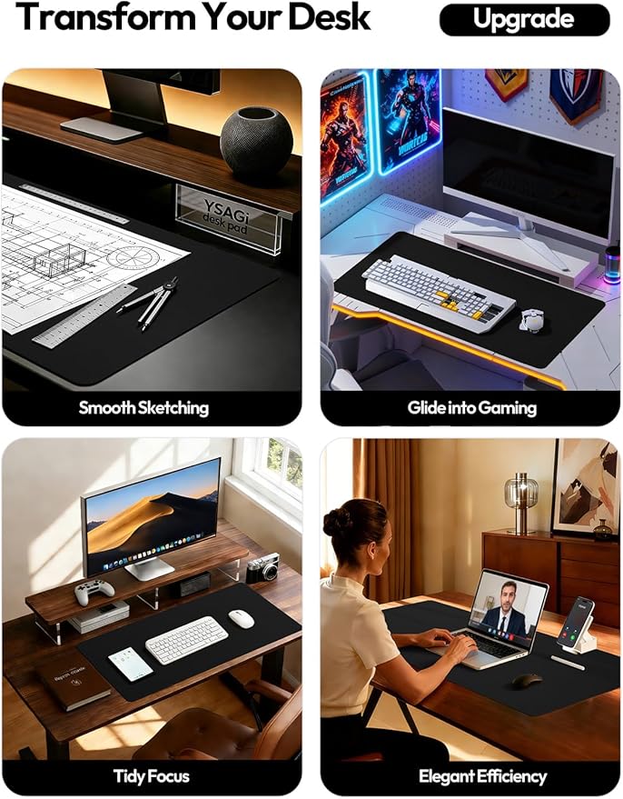 YSAGi Leather Desk Protector, Office Mat, Large Mouse Mat, Non-Slip PU Leather Blotter, Laptop Desk Mat, Waterproof Writing Pad for Office and Home(Black, 40" x 24") - Image 2