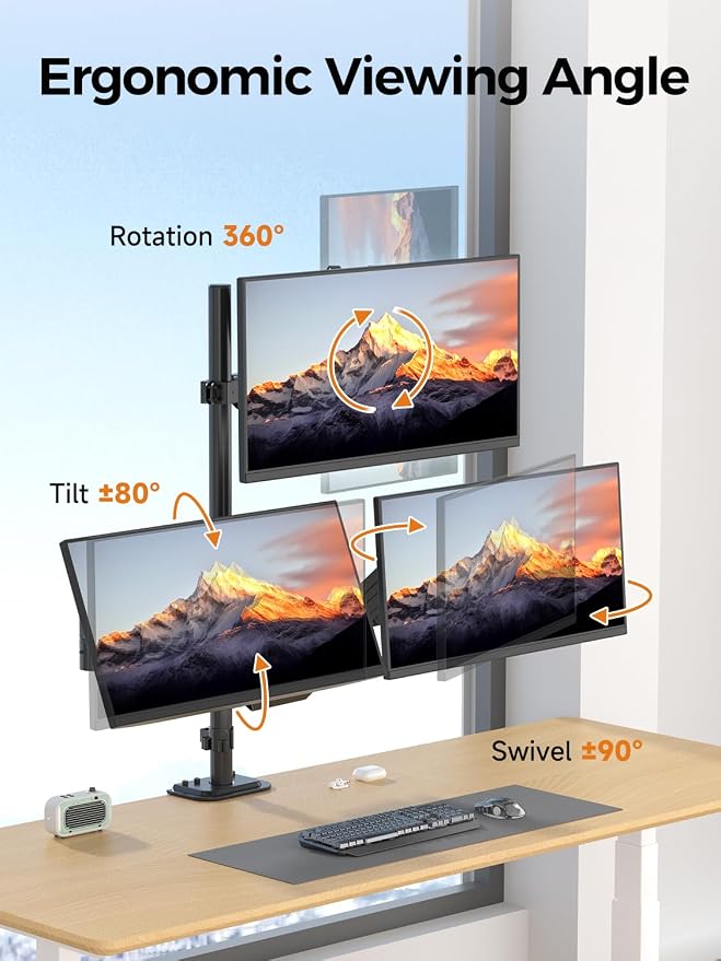 Bracwiser Triple Monitor Mount for Max 34" Screens, up to 24.25lbs Each, Full Adjustable 3 Monitor Desk Stand, Three Gas Spring Arm with Tilt Swivel Rotation, VESA 75x75/100x100mm, Black, MDX883B - Image 5