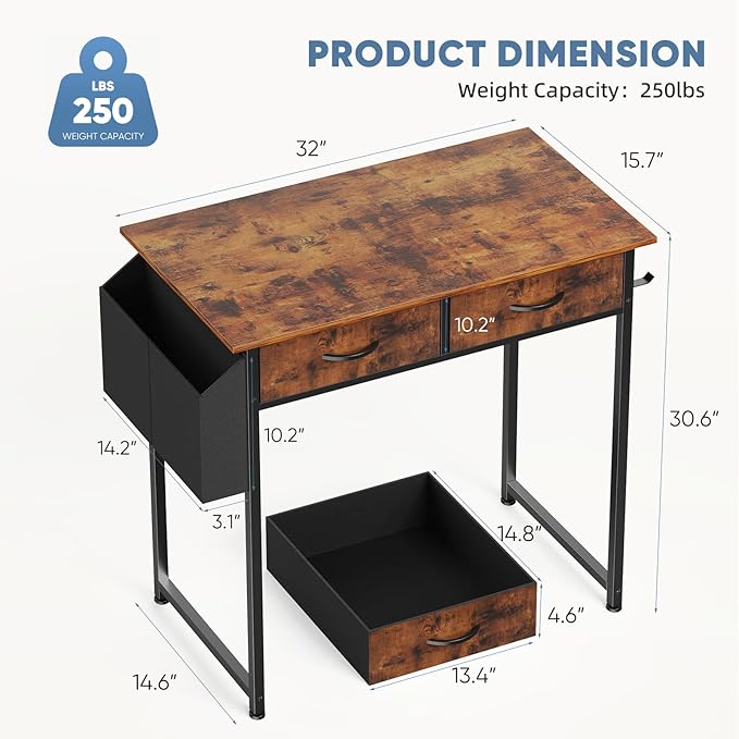 DUMOS 32-Inch Small Computer Desk with Drawers, Hook and Side Bag, Brown | Home Office Desk for Bedroom, Gaming Writing Study Desk with Adjustable Feet - Image 3