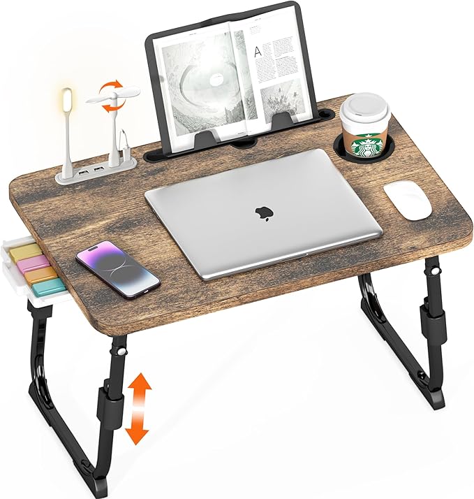 Lap Desk for Bed, Adjustable Laptop Desk with USB Charging Port, Storage Drawer & Bookshelf — Foldable Bed Desk for WFH & Students, 23.6" Desktop Fits 17" Laptop, Non-Slip, Carbonized by PlayimaginationtodecorateHomeOffice