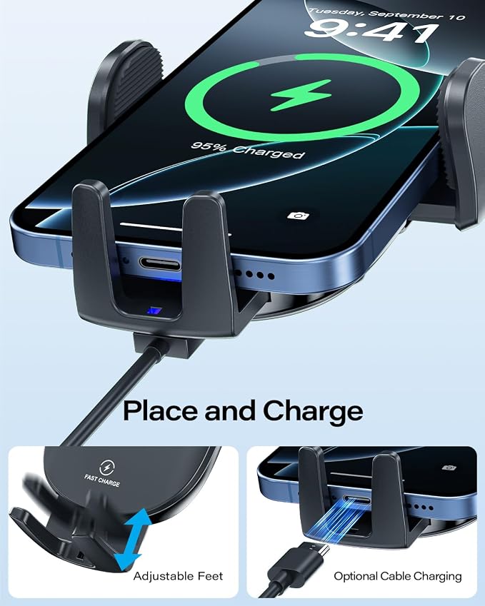 APPS2Car Sturdy CD Slot Phone Mount Upgraded Wireless Charger with One Hand Operation Design, Hands-Free Car Phone Holder Compatible with iPhone 17 Pro Max Plus 16 15 14 13 12 11, Samsung S25 S24 - Image 5