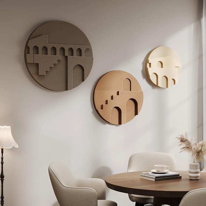 3D Textured Round Neutral Abstract Wall Art Set, 3 Piece Mid-Century Modern Geometric Sculpture Artwork for Walls, Minimalist Boho Earth Tone Paintings for Living Room Dinging Room Bedroom Wall Decor - Image 3
