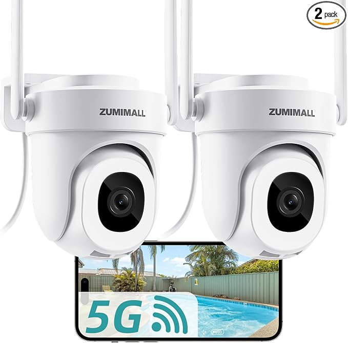 ZUMIMALL 2K Wired Outdoor Camera, 2.4G/5G WiFi Security Camera, 3MP, 24/7 Recording, AI Motion Detection, Cloud & SD Card Storage, 2-Way Audio, 360° PTZ Auto Tracking, Work with Alexa, IP66-2-Pack by ZUMIMALL