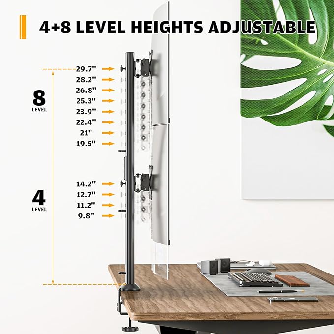 HEMUDU Dual Monitor Articulating Desk Mount Arm Stand - Vertical Stack Screen Supports Two 13 to 34 Inch Computer Monitors with C Clamp - Image 4