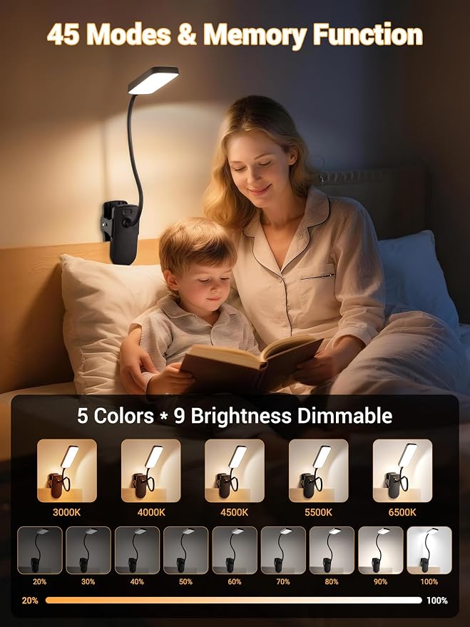 Clip on Light,9 Brightness+5 Color Rechargeable Lamp,48 LED Small Desk Lamp | 4000mAh Battery Powered Lamp,450 Lumen Clamp Light, Wireless & Cordless Book Reading Light for Bed/Bedside Table/Bedroom/Dorm - Image 2