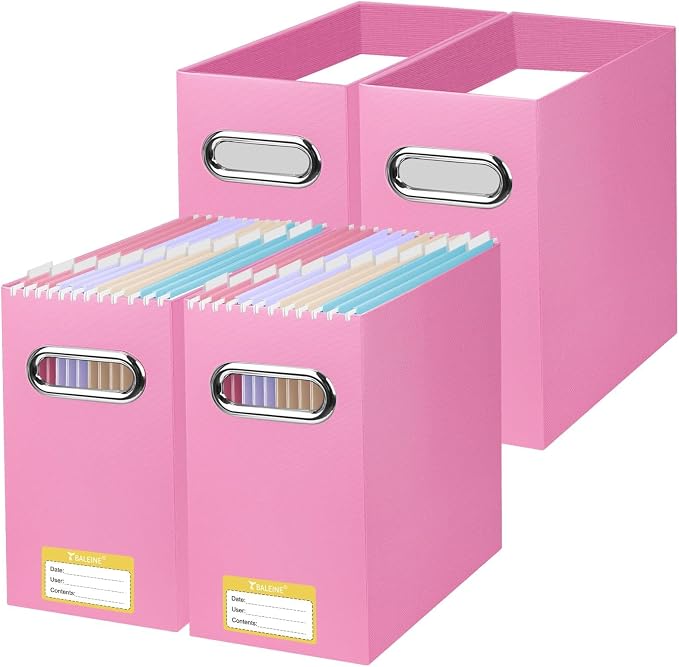 BALEINE File Organizer Box, Cardboard File Folder Organizer with Handle for Letter Size, Portable Collapsible Hanging Filing Box for Home Office Document Storage (4 Pack, Pink) by BALEINE