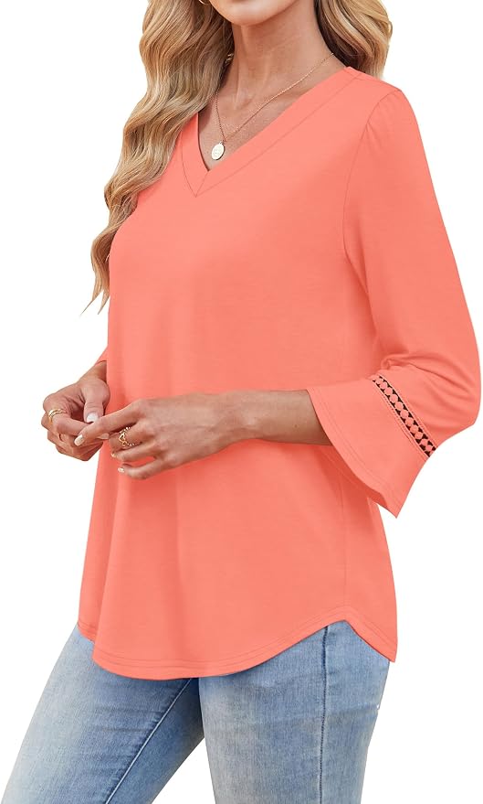 WIHOLL Womens Blouses Dressy Casual 3/4 Length Sleeve Tops Lace Trendy 2026 Spring Summer V Neck Shirts Vacation Outfits - Image 4