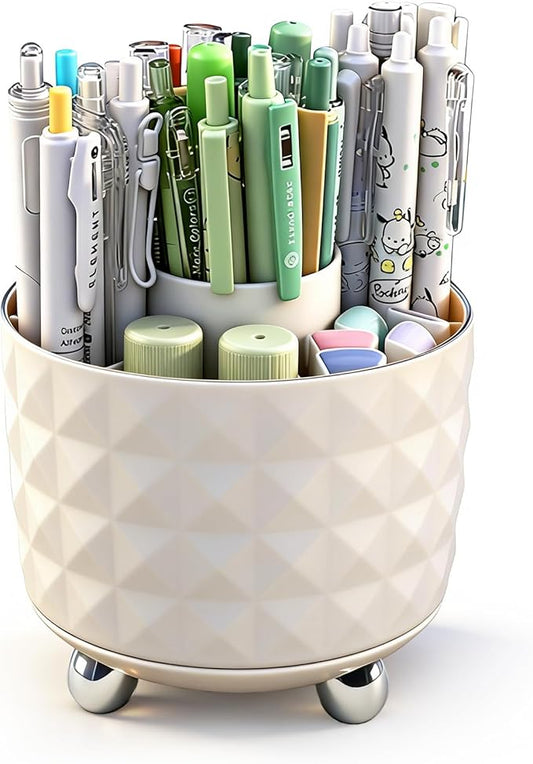 GOTOBA 360° Rotating Pencil Holder for Desk, Makeup Brush Holder with 6 Slots, Desk Organizer for Writing Utensil, Office and School Supplies (Milky White) by GOTOBA