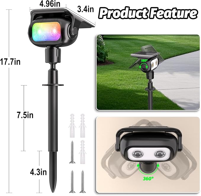Nreonrick RGB Multicolor Solar Spot Lights 360° Adjustable Solar Lights Outdoor IP65 Waterproof with 2-in-1 Solar Powered Spotlights for Landscape Lighting for Garden,Yard,Pathway (Multi Color,4 Pack) - Image 5