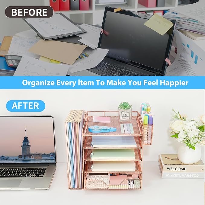 Desk Organizers and Accessories, 5-Tier Paper Letter Tray Organizer with File Holder, Drawer & Pen Holder, Office Desk Accessories, Desktop Organizer for Classroom Office Supplies, Rose Gold - Image 4