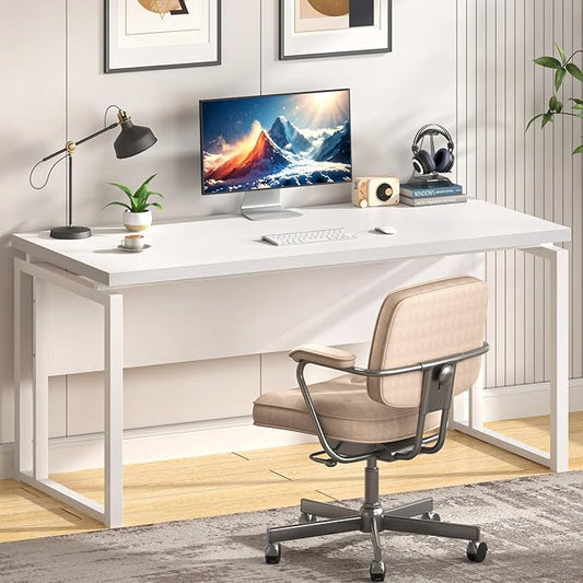 EXCEFUR White Computer Desk, Simple Wood and Metal Home Office Desk, Modern Study Writing Table Workstations for Living Room Bedroom, 53 Inch by EXCEFUR
