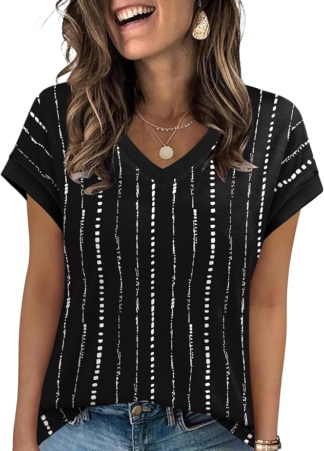 WIHOLL Womens Summer Tops 2026 Cap Short Sleeve Shirs V Neck T Shirts Fashion Beach Vacation Clothes Color Block - Image 3