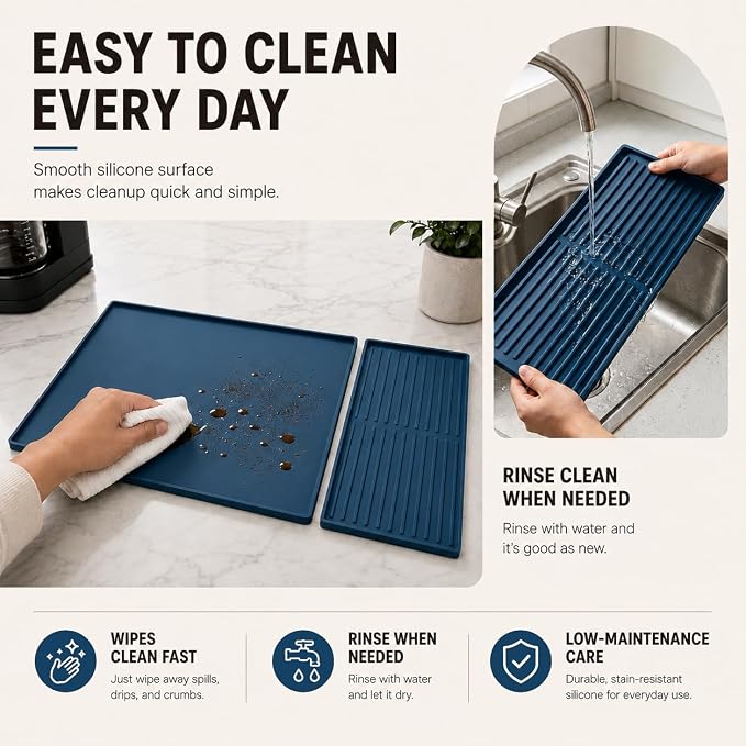 Silicone Coffee Mat 24 x 16 in with Tray, Deep Sea Blue | Coffee bar mat for countertop use, coffee station mat or coffee machine mat with removable tray and 0.47 in raised rim. - Image 8