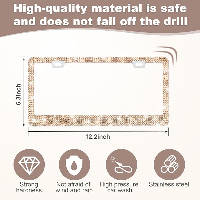 QUANQIUFEI 2 Pack Bling License Plate Frames for Women, Sparkly Rhinestone Diamond Car Accessories with Glitter Crystal Caps (Champagne) - Image 2