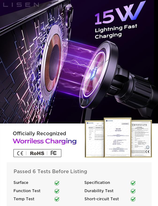 LISEN for 15W MagSafe Car Mount Charger,Magnetic Wireless Car Charger for iPhone 17 Pro Max Accessories,Magnetic Phone Holder for iPhone 17-12,Samsung,Pixel 9,Jeep Ford F150 Accessories,Gifts - Image 4
