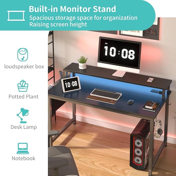 Lufeiya Black Gaming Desk with LED Lights and Power Outlets, 40 Inch Teen Writing Study Table Home Office Desks with Monitor Stand, Computer Desk with Charging Station USB Port, Black - Image 5