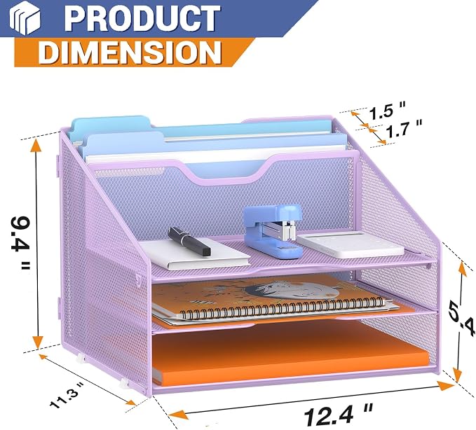 GAWERK Letter Tray Organizer, Mesh Desk File Organizer with 3 Paper Trays and 2 Vertical Upright Section (Purple) - Image 2