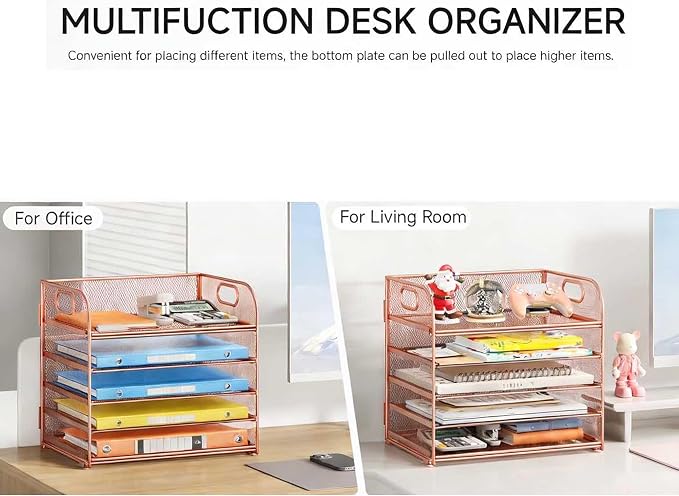 5 Tray Paper Organizer Letter Tray with Handle - Mesh Desk File Organizer, Paper Sorter Organizer for Office, Home or School File Folder Holder - Rose Gold - Image 6