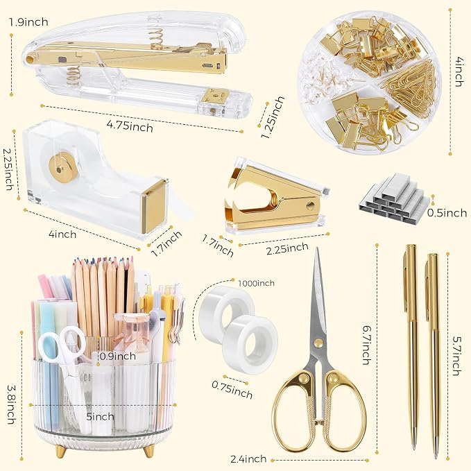 SKYDUE Gold Office Supplies Set, Pencil Holder for Desk,Gel Pen, Stapler, Tape Dispenser, Scissors,Clips and 1000pcs Staples, Office Decor for Women, Gold Desk Accessories - Image 5
