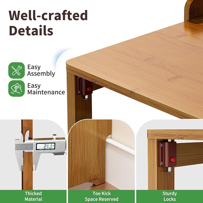 Folding Desk for Small Spaces, Bamboo Foldable Desk with Bookshelf, Brown | Small Computer Desk with Storage, Mid Century, Fold Out，Compact Size, for Bedroom, Living Room, Apartment, Home Office - Image 5