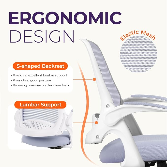 NEO CHAIR Office Desk Gaming Ergonomic Computer Chair with Lumbar Back Support Adjustable Height Swivel Rolling Wheels Flip-up Arms Mesh Chair for Home Vanity (Purple) | Lumbar Support, Height Adjustment, 360° Swivel and Rolling Base, Space-Saving Desi... - Image 3