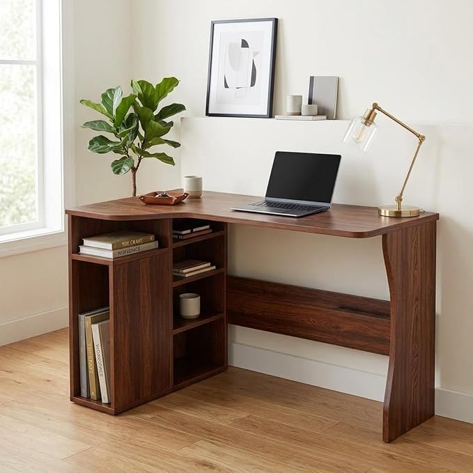 Garvee L Shaped Desk with Storage Shelves, Small Corner Desk for Small Spaces, Corner Table with 3 Tier Shelves, Home Office, Writing Study Gaming Desk, Walnut Wood - Image 9