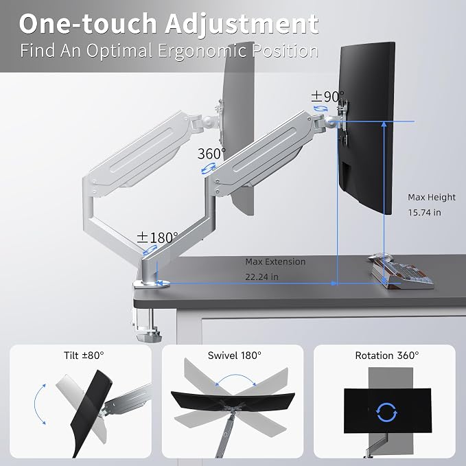 Suptek Single Monitor Mount Adjustable Gas Spring Monitor Arm Desk Mount Stand Fits 17 20 22 23 24 26 27 32 33 inch Monitors,Holds up to 22 lbs,Silver(MD18S) - Image 2