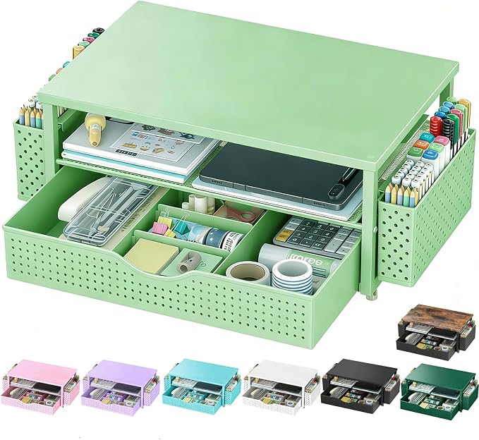 Spacrea Desk Organizer and Accessories, Computer Monitor Stand Riser with Drawer and 2 Pen Holders, Office Desk Accessories & Workspace Organizers for Office Supplies (Sage Green) by Spacrea