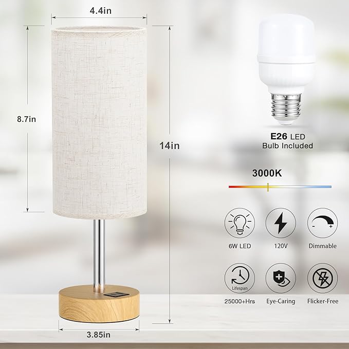 Dicoool Bedside Table Lamp for Bedroom - 3-Way Dimmable Touch Lamp, USB A+C | LED Bulb Included, 14" Small Nightstand Lamp for Desk, Living Room, Guest Room, Cream Fabric Lampshade, Wood-Grain Metal Base - Image 5