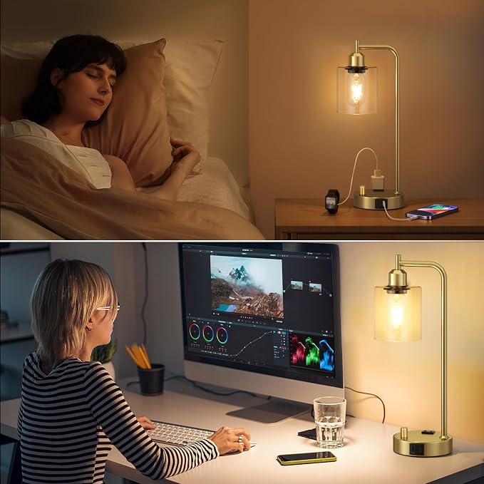 Innqoo Industrial Table Lamp for Bedroom Set of 2 - Fully Dimmable Bedside Lamps with USB Ports and Outlet, Gold Nightstand Lamps with Clear Glass Shade for Living Room, Desk Lamps for Office Reading - Image 6