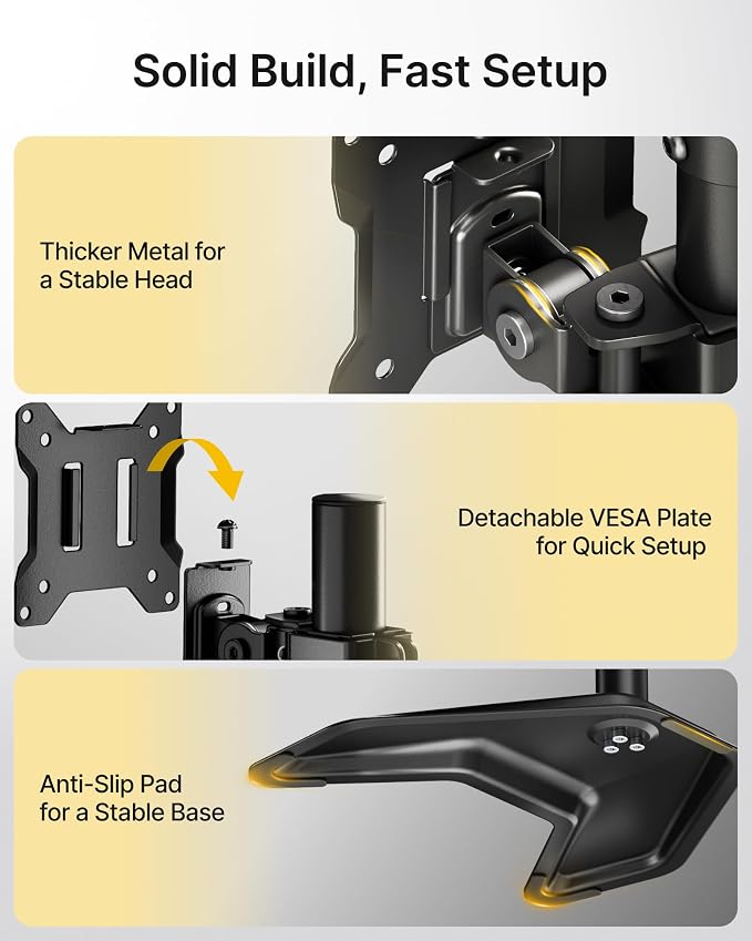 monTEK Freestanding Stacked Dual Monitor Stand for 17-32", 22 lbs Each | Solid V-shaped base, vertical dual-screen full-motion arms, height adjustment, tilt, swivel, rotation and VESA 75/100 - Image 5