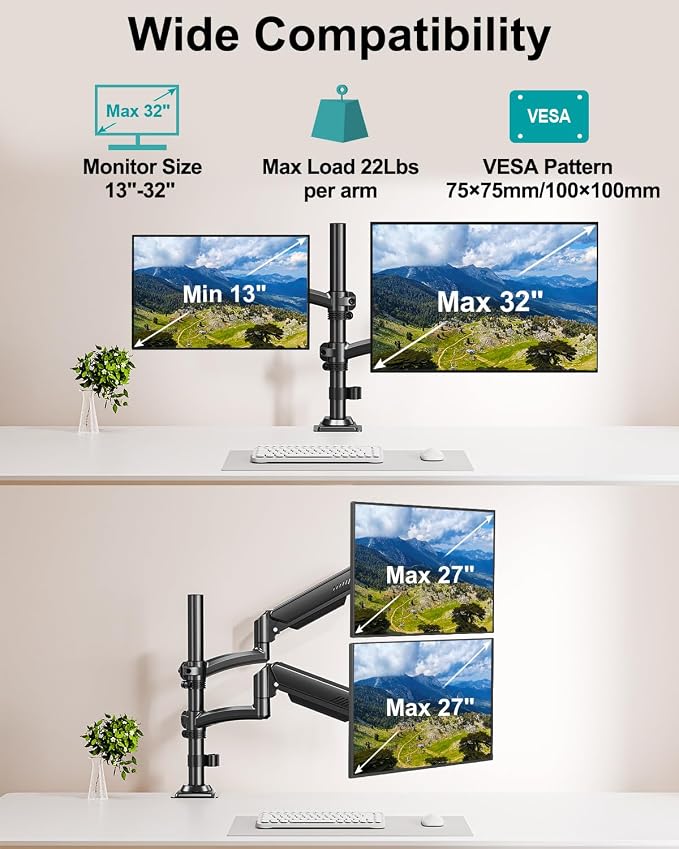 Dual Monitor Stand for 2 Screens up to 32 inch, Vertical Stacked Dual Monitor Mount, Full Motion Adjustable Tall Double Monitor Desk Mount, Each Arm Holds 4.4-22lbs, VESA 75/100mm, Black, Freelift - Image 5
