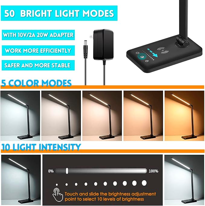 LED Desk Lamp with Wireless Charger, USB Charging Port, 10 Brightness, 5 Color Modes, Desk Lamps for Home Office, Dimmable Table Lamp Eye Caring Reading Light, Touch Control, Auto Timer, Black - Image 2